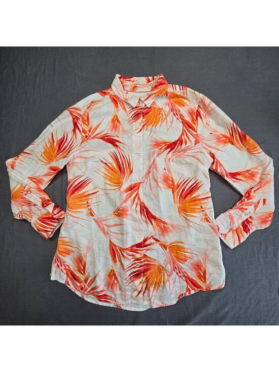 Tommy Bahama Tops - Tommy Bahama Womens Medium Button-Up Shirt White Tropical Palm Print 100% Linen